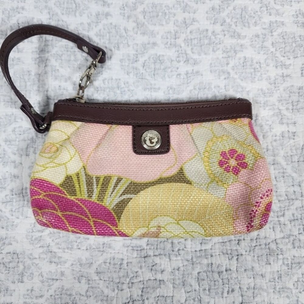 Spartina Daufuskie Island Pink Green Floral Linen and Leather Wristlet